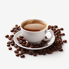 Aromatic espresso in a white cup, surrounded by scattered coffee beans, ideal for cafe menus and beverage advertising.