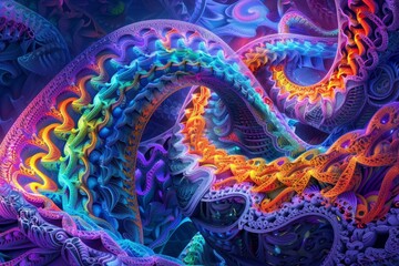 Psychedelic fractal artwork exhibiting a spectrum of rainbow colors, ideal for album covers, vibrant posters, or creative digital projects. - obrazy, fototapety, plakaty