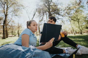 Fototapeta premium Two young students collaborate on schoolwork outdoors, surrounded by nature with laptops and notebooks on a bright day.