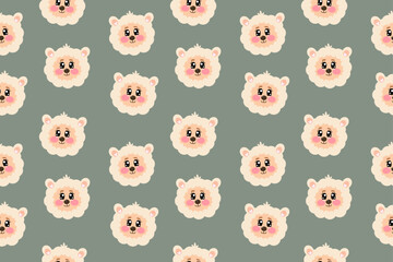 Obraz premium Kawaii alpaca, lamb, sheep seamless pattern for kids on green color isolated background. Flat cute wallpaper for textile, fabrics