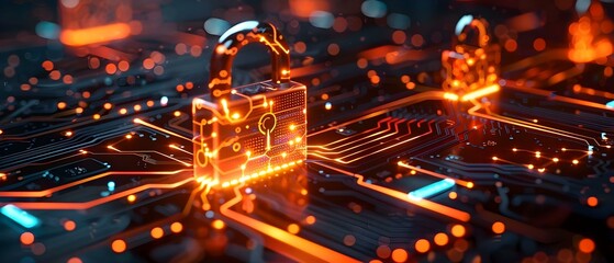 Fototapeta na wymiar Cybersecurity Lockdown: Orange Padlocks Illuminate Digital Realm. Concept Cybersecurity, Orange Padlocks, Digital Realm, Lockdown, Illumination