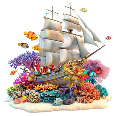 Cartoon-style boat sailing in colorful coral reef scenery, accompanied by playful tropical fish in an underwater setting