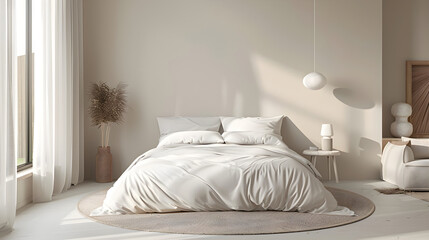 Fototapeta na wymiar Embrace Minimalism and Tranquility with White and Neutral Toned Bedroom Decor