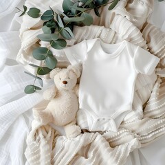 White cotton baby bodysuit with toy teddy bear and eucalyptus branch on a white ivory blanket throw, set as a blank infant onesie mockup template in a top view.