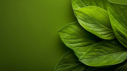 Green leaves on green background. Flat lay, top view, copy space