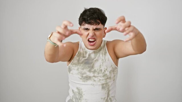 Furious young man, in rage, wearing a sleeveless t-shirt, yelling madly, hands poised to strangle; isolated, shouting against a stark white background
