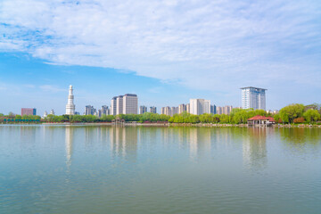 Naklejka premium Nice modern leisure city park by thd lake.