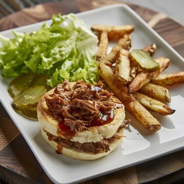A delightful lunch presentation of an English muffin topped with pulled pork, complemented by pickle chips, fresh lettuce, and crispy fries.