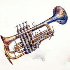 Obraz premium Watercolor Trumpet, clipart Illustration, Generative Ai