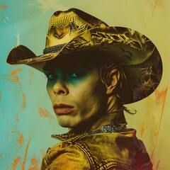 Stylized portrait of a queer young cowboy or drag queen with a cowboy hat, merging western and drag cultures. - obrazy, fototapety, plakaty