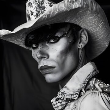 Stylized portrait of a queer young cowboy or drag queen with a cowboy hat, merging western and drag cultures.