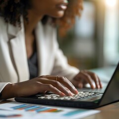A close-up view of a businesswoman working on financial reports using a calculator and laptop, managing budgets and investments. - obrazy, fototapety, plakaty