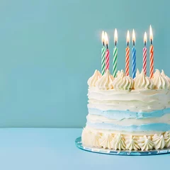Fotobehang Birthday cake with six candles on a pastel blue background, designed with attention to detail for a warm and festive feel. © Hasanul