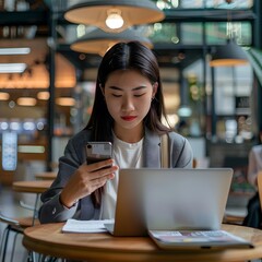 Fototapeta premium Young Asian businesswoman working remotely at a coffee shop, using a laptop and mobile phone for her tasks.