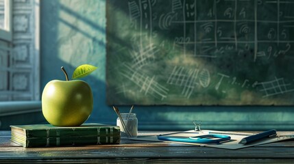 A green apple is placed on top of a stack of books, accompanied by a blue pencil, compass, and scissors. A chalkboard displaying mathematical expressions sets the scene - Powered by Adobe