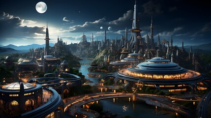 Futuristic cityscapes - a city with towers and a bridge over water, illuminated by city lights and...