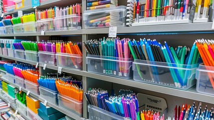 An image showing shelves filled with various pens and stationery items at a stationery shop. - Powered by Adobe