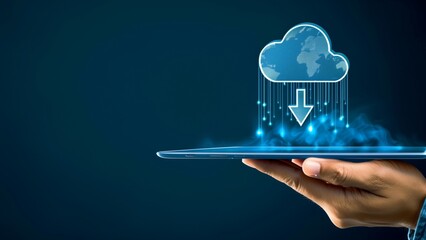 A hand holding a tablet with a cloud icon and arrow pointing up on a blue background. The concept of cloud computing for online data storage or internet services, saving to virtual space in the style 