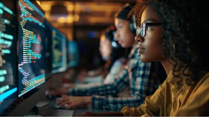 Teacher Giving Computer Science Lecture to Diverse Multiethnic Group of Female and Male Students in a College Room