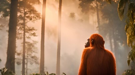 A rear view of orang utan in a forest with the sunrise in the background
