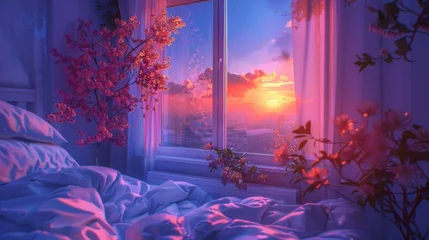 Badkamer foto achterwand sunset view behind the bedroom window with vaporwave tone color, suitable for wallpaper, posters. Generative AI © wellyans