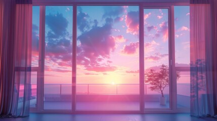 sunset view behind the bedroom window with vaporwave tone color, suitable for wallpaper, posters. Generative AI