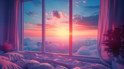 Dekokissen sunset view behind the bedroom window with vaporwave tone color, suitable for wallpaper, posters. Generative AI © wellyans