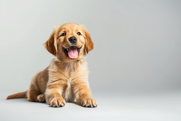 On a white backdrop, an adorable golden retriever puppy lies down, its expression exuding joy.