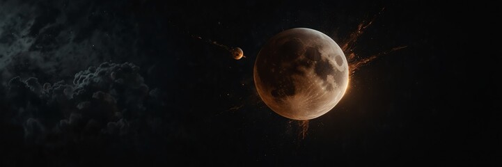 exploding moon on black empty space universe void panoramic wide angle view from Generative AI