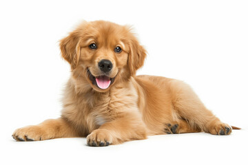A golden retriever puppy, adorable and joyful, reclines against a white background.