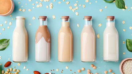 Variety of Non-Dairy Milk Alternatives Displayed in Glass Bottles - obrazy, fototapety, plakaty