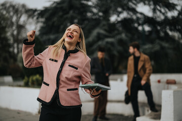 An exuberant businesswoman outdoors pumps her fist in celebration with colleagues discussing in the...