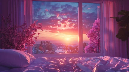 Photo sur Plexiglas Violet sunset view behind the bedroom window with vaporwave tone color, suitable for wallpaper, posters. Generative AI