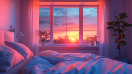 Stof per meter sunset view behind the bedroom window with vaporwave tone color, suitable for wallpaper, posters. Generative AI © wellyans
