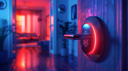 Close-up of a futuristic door handle with glowing red biometric access control, symbolizing advanced security technology. Biometric smart home lock. - obrazy, fototapety, plakaty