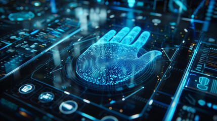 Digital representation of a fingerprint scanning for biometric identification on a futuristic interface. - obrazy, fototapety, plakaty