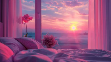 Tuinposter sunset view behind the bedroom window with vaporwave tone color, suitable for wallpaper, posters. Generative AI © wellyans