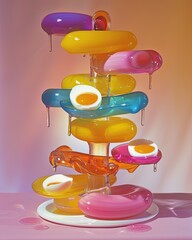 a sculpture of sausages and fried eggs made entirely of rainbow glass. Pink kitchen illustration made with Generative Ai