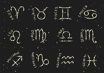 Fototapeta na wymiar Horoscope zodiac signs set. Astronomical twelve zodiac signs. Horoscope collection. Astrology hand drawn elements. Vector illustration hand drawing isolated on black background