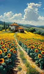 Poster Art painting of sunflowers field with house in natural landscape © Nadtochiy