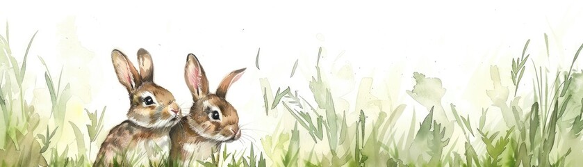 A pair of watercolor painted rabbits hopping through a field of green grass