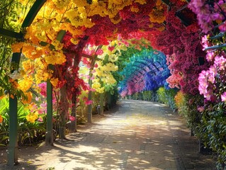 A serene garden path lined with flowers mimicking the colors of a rainbow