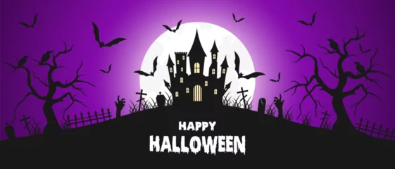Foto op Aluminium Happy Halloween background with castle, bat, moon, cross, tombstones. Spooky violet background. Vector illustration © Sun_Lab_Design