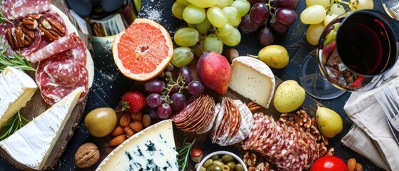 An artisanal cheese board beautifully arranged with nuts - obrazy, fototapety, plakaty