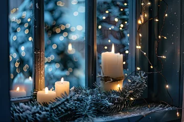 Foto op Plexiglas Winter holiday scene candles in windows © AI Farm