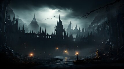 Gothic architecture - a dark castle with many towers and illuminated lights, embracing gothic architecture and historical beauty in a nighttime fortress scene