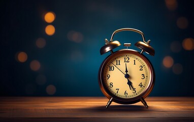 Vintage alarm clock on wooden table and bokeh background