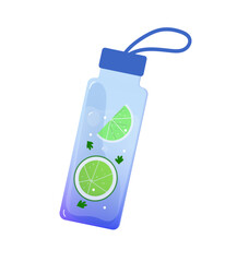  Reusable sport bottle with lemon and herbs. Water balance. Concept detox drink, drinking water in a  glass bottle. Reusable sport bottle with lemon and herbs. Vector hand drawn cartoon  illustration.