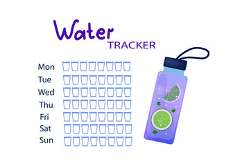 Daily water tracker. Reusable sport bottle with lemon and herbs. Water balance. Concept detox drink, drinking water in a  glass bottle. Vector hand drawn cartoon  illustration. - obrazy, fototapety, plakaty