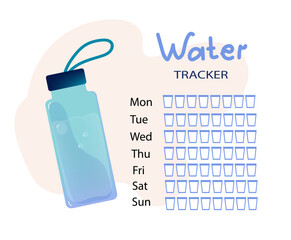 Daily water tracker. Reusable sport bottle with lemon and herbs. organizer Water balance. Concept detox drink, drinking water in a  glass bottle. Vector hand drawn cartoon  illustration